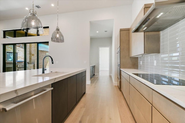 123 Azalea Loop, Horseshoe Bay, TX 78657 - kitchen featuring a sink, wall chimney range hood, dishwasher, black electric stovetop, and decorative backsplash