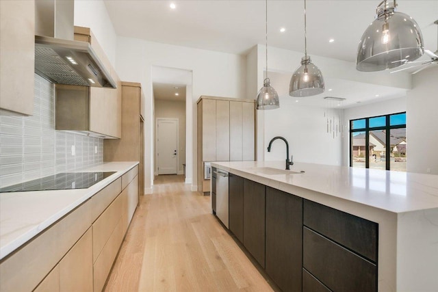 123 Azalea Loop, Horseshoe Bay, TX 78657 - kitchen with black electric cooktop, wall chimney range hood, a sink, light wood-style flooring, and modern cabinets