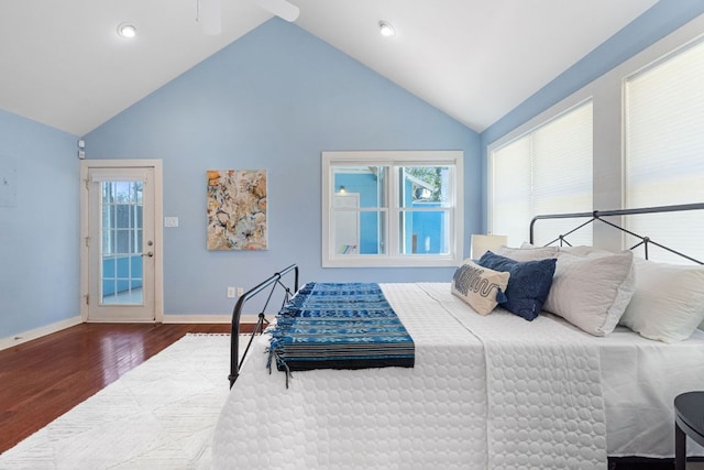 4419 Sinclair Ave, Austin, TX 78756 - bedroom featuring wood finished floors, baseboards, high vaulted ceiling, and recessed lighting