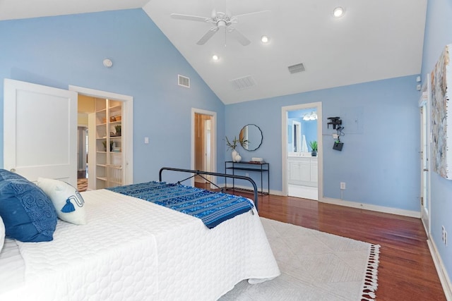 4419 Sinclair Ave, Austin, TX 78756 - bedroom with high vaulted ceiling, recessed lighting, wood finished floors, baseboards, and a spacious closet