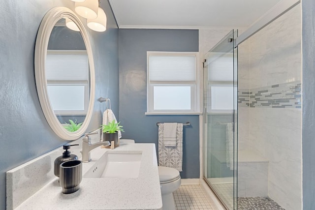 4419 Sinclair Ave, Austin, TX 78756 - full bath with toilet, crown molding, a stall shower, plenty of natural light, and vanity