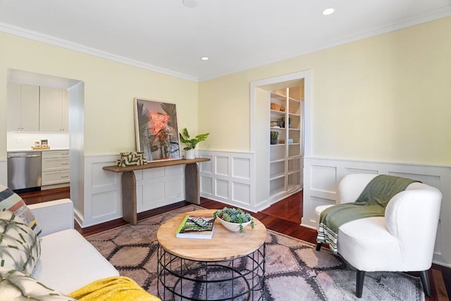 4419 Sinclair Ave, Austin, TX 78756 - living room with wood finished floors, crown molding, wainscoting, and recessed lighting
