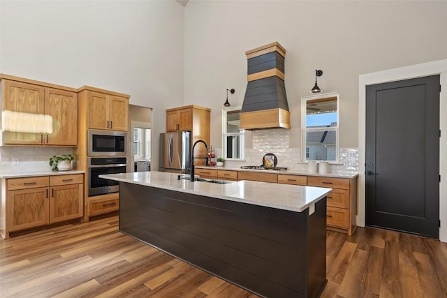 200 County Road 246, Florence, TX 76527 - kitchen with appliances with stainless steel finishes, a sink, a high ceiling, light countertops, and premium range hood
