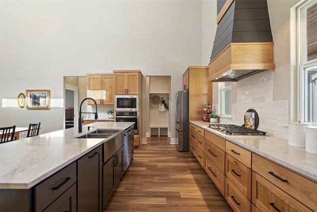 200 County Road 246, Florence, TX 76527 - kitchen with stainless steel appliances, custom range hood, a high ceiling, a sink, and dark wood-style floors