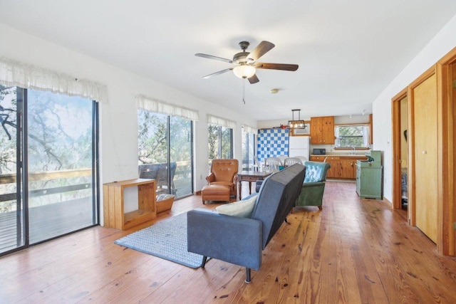 520 River Rapids Rd, Wimberley, TX 78676 - living area featuring a ceiling fan and light wood-style flooring