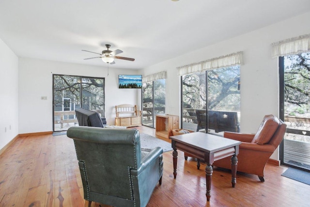 520 River Rapids Rd, Wimberley, TX 78676 - living room featuring ceiling fan, plenty of natural light, and hardwood / wood-style flooring