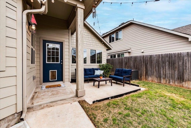 235 Witchhazel Way, San Marcos, TX 78666 - entrance to property with an outdoor hangout area and a patio