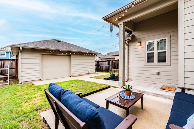 235 Witchhazel Way, San Marcos, TX 78666 - view of patio featuring outdoor lounge area and a detached garage