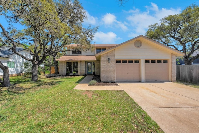 traditional-style home featuring brick siding, concrete driveway, a garage, and a front lawn