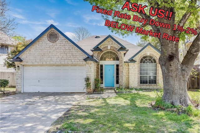 544 Tanner Trl, Pflugerville, TX 78660 - french country style house with concrete driveway, an attached garage, stone siding, a shingled roof, and brick siding
