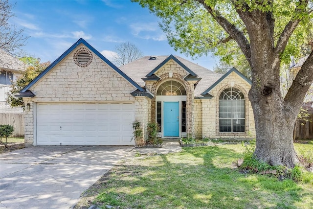 544 Tanner Trl, Pflugerville, TX 78660 - french country inspired facade with concrete driveway, a garage, roof with shingles, stone siding, and brick siding