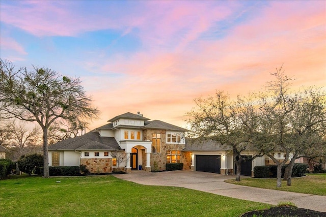 11801 Astoria Dr, Bee Cave, TX 78738 - view of front of property featuring stone siding, concrete driveway, a garage, a front yard, and a chimney