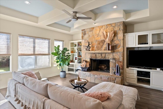 11801 Astoria Dr, Bee Cave, TX 78738 - living area featuring baseboards, coffered ceiling, ceiling fan, dark wood finished floors, and beam ceiling