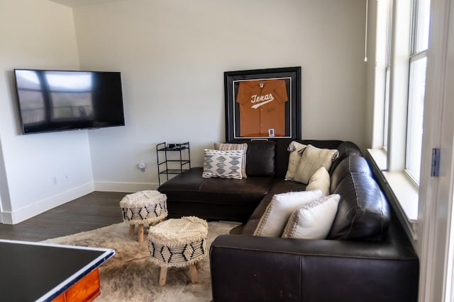 living area with wood finished floors and baseboards