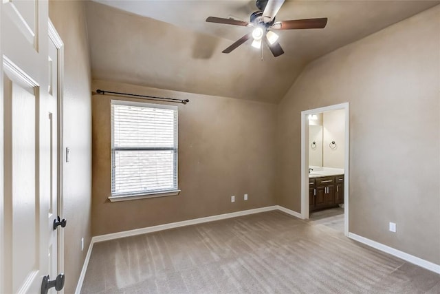 3519 Alexandrite Way, Round Rock, TX 78681 - unfurnished bedroom with lofted ceiling, light carpet, connected bathroom, and a ceiling fan