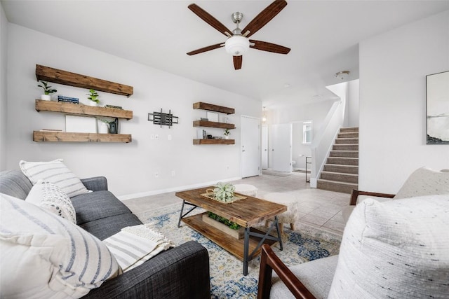 366 Eagle Brook Ln, Buda, TX 78610 - living area with ceiling fan, stairs, and tile patterned flooring