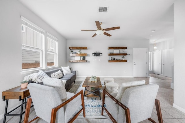 366 Eagle Brook Ln, Buda, TX 78610 - living room featuring ceiling fan and light tile patterned floors