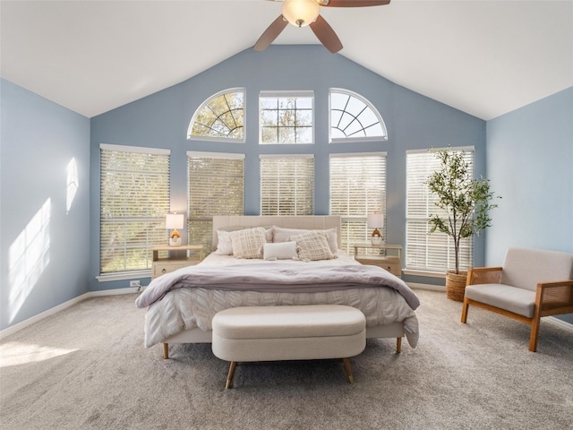 bedroom featuring high vaulted ceiling, carpet, baseboards, and ceiling fan