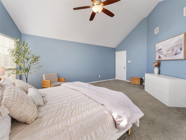 carpeted bedroom with baseboards, visible vents, high vaulted ceiling, and a ceiling fan