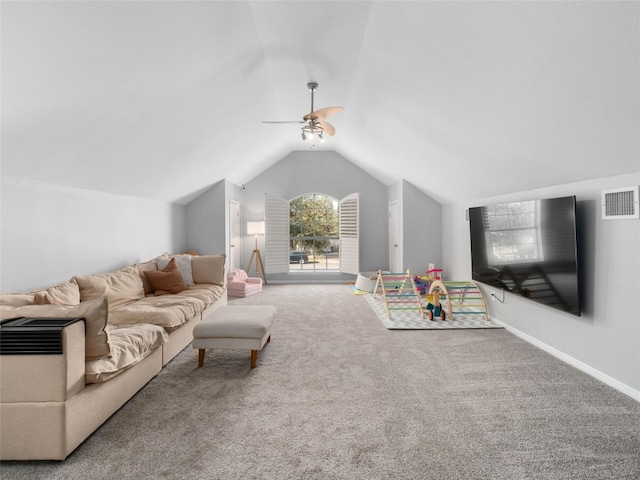 11009 Savannah Ct, Austin, TX 78739 - recreation room with vaulted ceiling, carpet, and ceiling fan