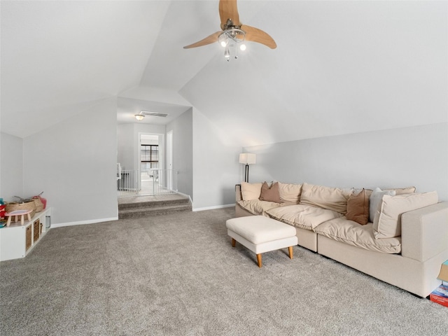 11009 Savannah Ct, Austin, TX 78739 - living room with vaulted ceiling, carpet flooring, and ceiling fan