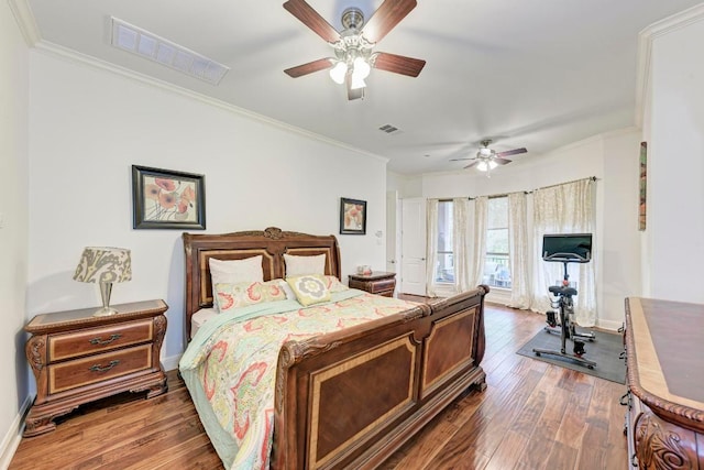 13229 Country Trails Ln, Austin, TX 78732 - bedroom featuring ornamental molding, wood finished floors, and a ceiling fan