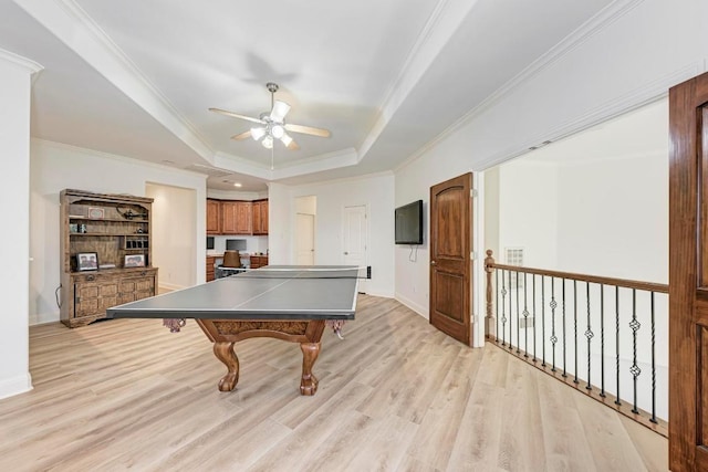 13229 Country Trails Ln, Austin, TX 78732 - game room with a ceiling fan, light wood-type flooring, a tray ceiling, and ornamental molding