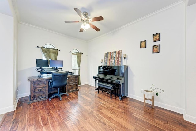 13229 Country Trails Ln, Austin, TX 78732 - office with wood finished floors, a ceiling fan, and ornamental molding