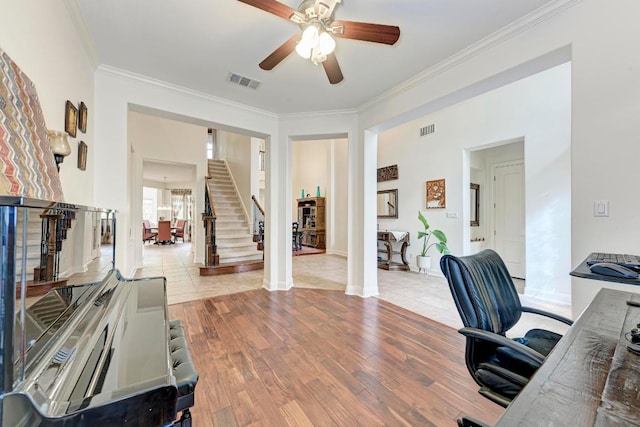 13229 Country Trails Ln, Austin, TX 78732 - office space with ornamental molding, a ceiling fan, and wood finished floors