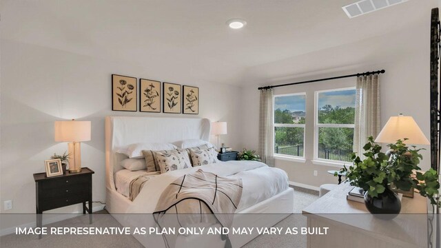 321 Heatherwood Ter, Marble Falls, TX 78654 - bedroom with baseboards, lofted ceiling, carpet floors, and visible vents