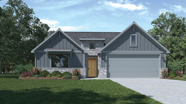 321 Heatherwood Ter, Marble Falls, TX 78654 - view of front of property with board and batten siding, driveway, a garage, brick siding, and a front lawn