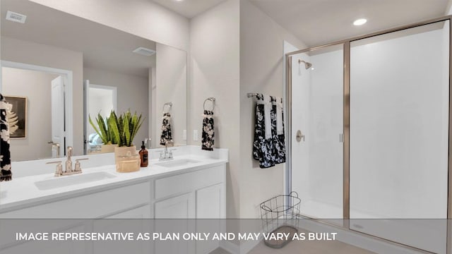 321 Heatherwood Ter, Marble Falls, TX 78654 - full bathroom featuring visible vents, a sink, a stall shower, and double vanity