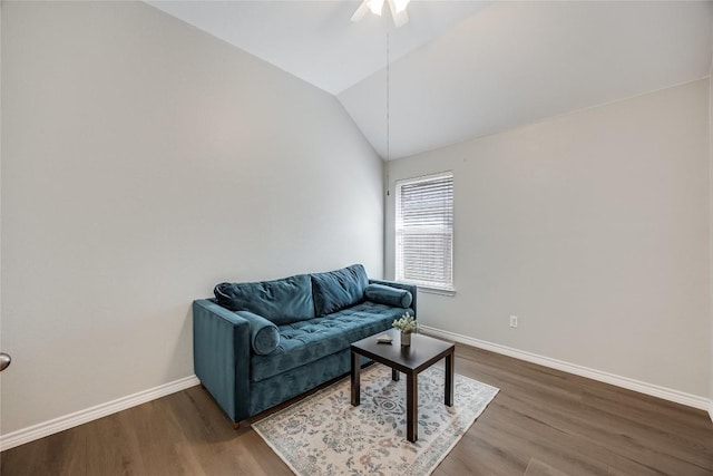 2974 Overland St, Round Rock, TX 78681 - living area with wood finished floors, a ceiling fan, and lofted ceiling
