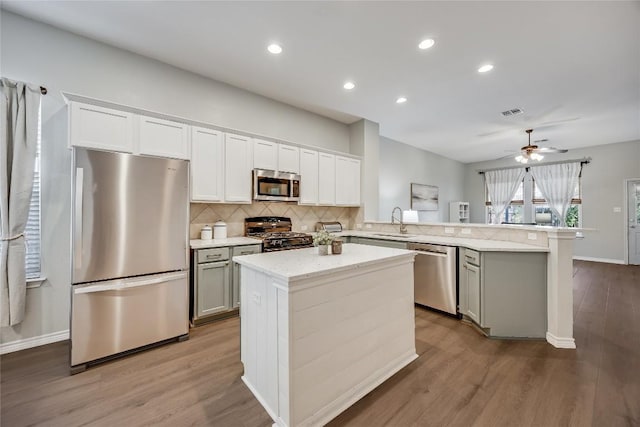 2974 Overland St, Round Rock, TX 78681 - kitchen featuring appliances with stainless steel finishes, a peninsula, backsplash, wood finished floors, and a kitchen island