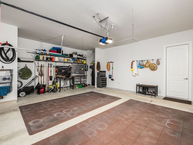 19232 Burrowbridge Rd, Pflugerville, TX 78660 - garage featuring a garage door opener and a workshop area