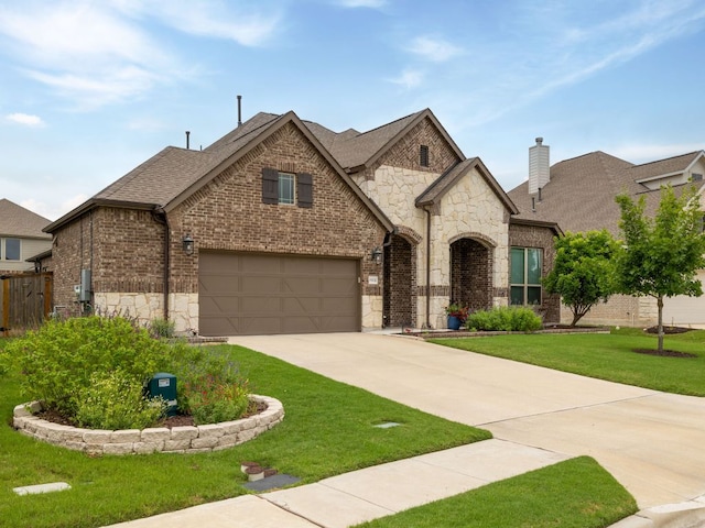19232 Burrowbridge Rd, Pflugerville, TX 78660 - french provincial home featuring driveway, stone siding, brick siding, roof with shingles, and a chimney