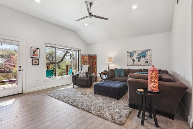 6608 Breezy Pass, Austin, TX 78749 - living area with lofted ceiling, ceiling fan, wood finished floors, and recessed lighting