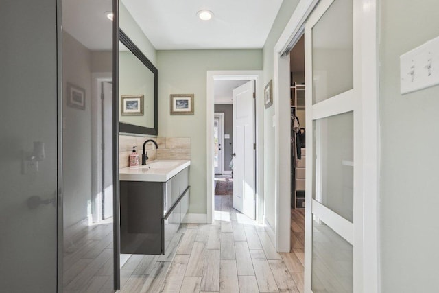 6608 Breezy Pass, Austin, TX 78749 - bathroom with vanity, wood finished floors, decorative backsplash, and a spacious closet