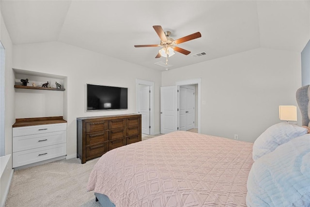 1512 Honaker Way, Leander, TX 78641 - bedroom with lofted ceiling, light carpet, and ceiling fan