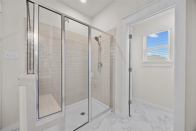1512 Honaker Way, Leander, TX 78641 - full bathroom with marble finish floors, a shower stall, and baseboards