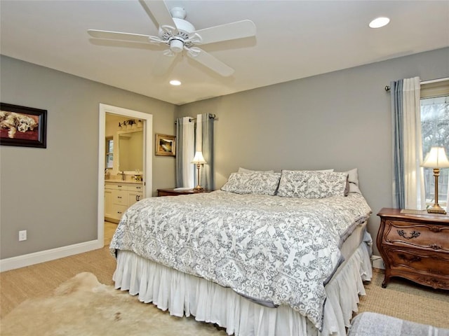306 Briarwood Trl, Austin, TX 78746 - bedroom featuring a ceiling fan, baseboards, ensuite bath, light carpet, and recessed lighting