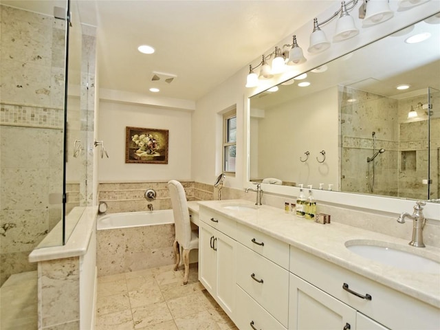 306 Briarwood Trl, Austin, TX 78746 - bathroom with tiled shower, a garden tub, recessed lighting, and a sink