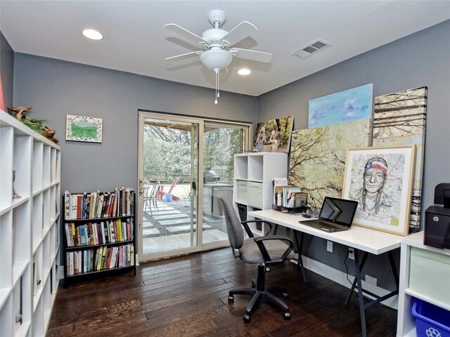 306 Briarwood Trl, Austin, TX 78746 - office featuring ceiling fan, recessed lighting, visible vents, and dark wood-type flooring