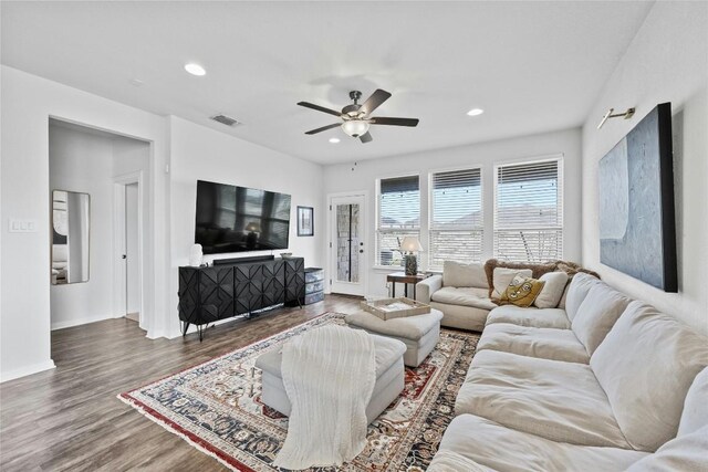 200 Isabella Way, Liberty Hill, TX 78642 - living area with a ceiling fan, wood finished floors, recessed lighting, and baseboards
