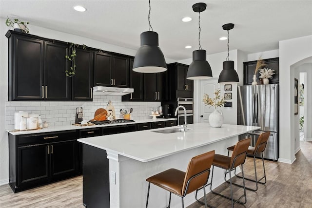 200 Isabella Way, Liberty Hill, TX 78642 - kitchen featuring freestanding refrigerator, dark cabinets, a sink, under cabinet range hood, and recessed lighting
