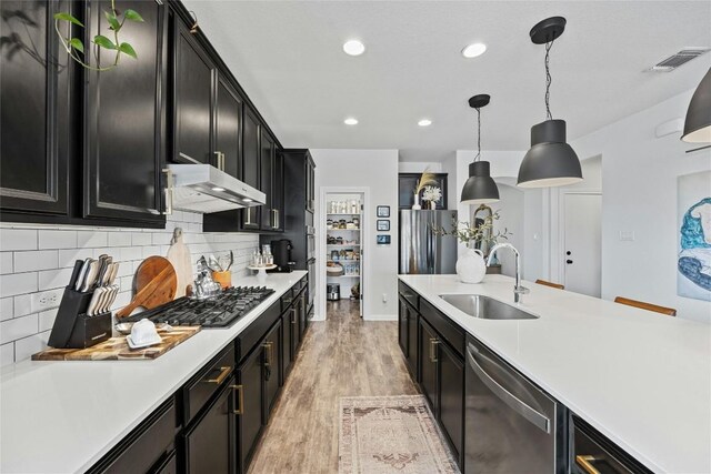 200 Isabella Way, Liberty Hill, TX 78642 - kitchen with stainless steel appliances, under cabinet range hood, dark cabinets, light countertops, and recessed lighting