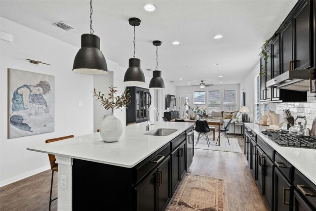 200 Isabella Way, Liberty Hill, TX 78642 - kitchen with appliances with stainless steel finishes, wood finished floors, recessed lighting, light countertops, and dark cabinets