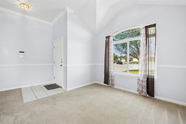 1006 Mapleridge Cir, Leander, TX 78641 - carpeted empty room featuring lofted ceiling, baseboards, tile patterned flooring, and crown molding