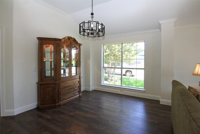 dining area with a chandelier, dark wood-style floors, ornamental molding, and lofted ceiling