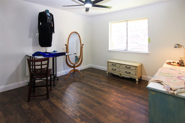bedroom with baseboards, ceiling fan, and hardwood / wood-style flooring